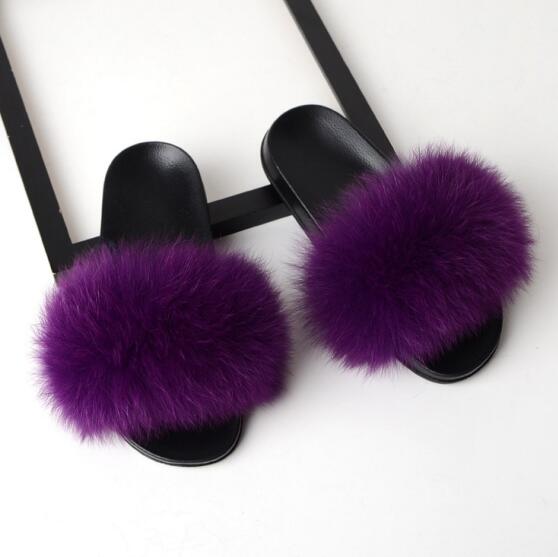 Women Flat Non-slip Solid Fox Fur Slides Real Fox hair Slides Large Size Slippers  casual slippers