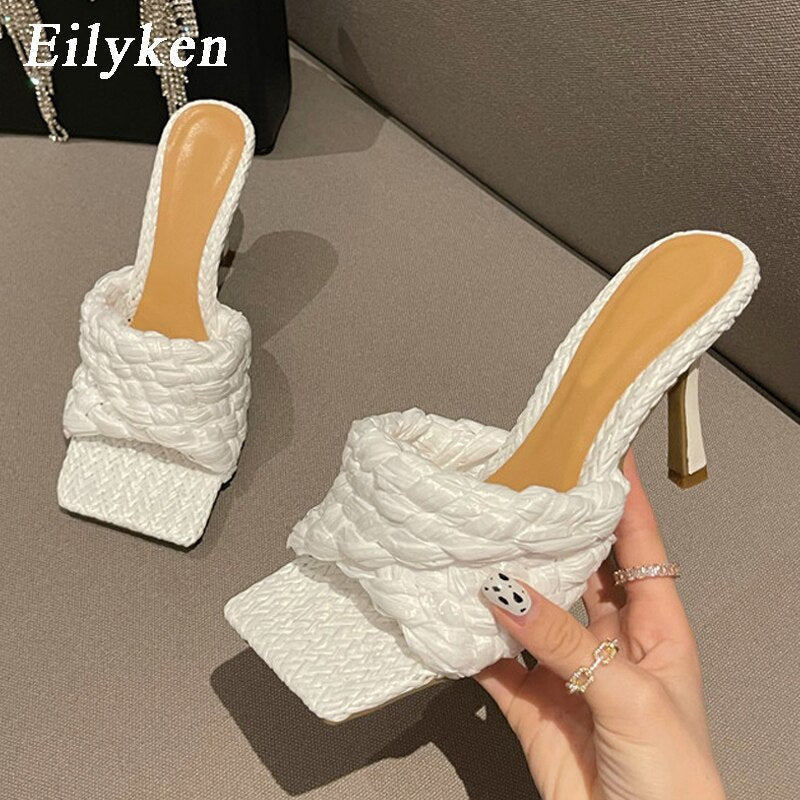 Eilyken New Summer Design Weave Square Toe Heels High Quality Slippers Gladiator Beach Womens Sandal Slides Shoes  casual slippers