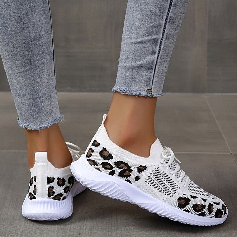 White Shoes Women Leopard Print Lace-up Sneakers Sports  Sneakers