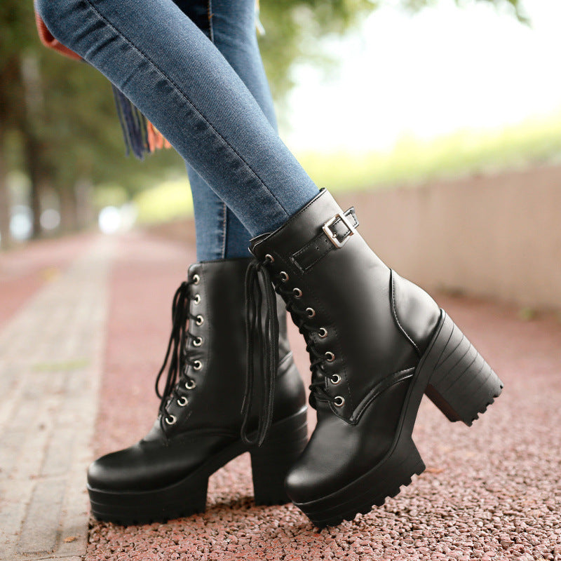 Women’s Chunky Heel PU Martin Boots – Stylish Ankle Combat Boots 