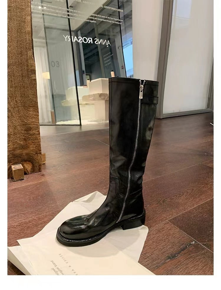 Washed Horse Leather Belt Buckle Thick Bottom Thigh High Boots Women  Boots