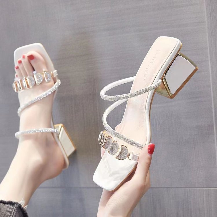 Women's Korean Style Slide Sandals Summer Outdoor Wear Chunky Heel Fashion Rhinestone Sandals 2026 New Trendy Mid Heel Single Strap Women's Shoes 