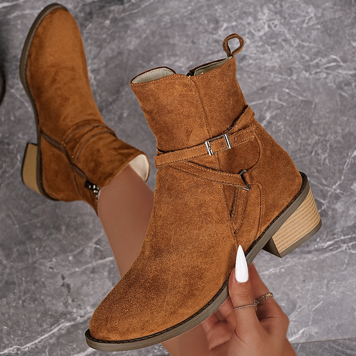Cross-Strap Side-Zipper Mid-Heel Ankle Boots Women 