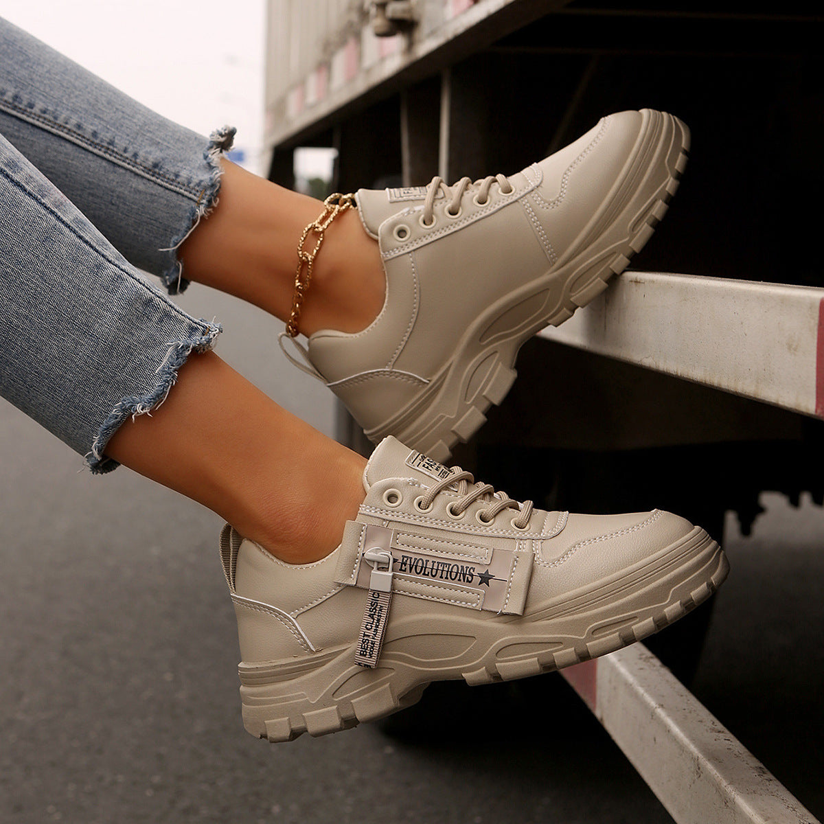 Lace-up Sports Shoes With Side-Zipper Design Fashion Thick-soled Round-toe Casual Shoes For Women Sneakers  walking shoes