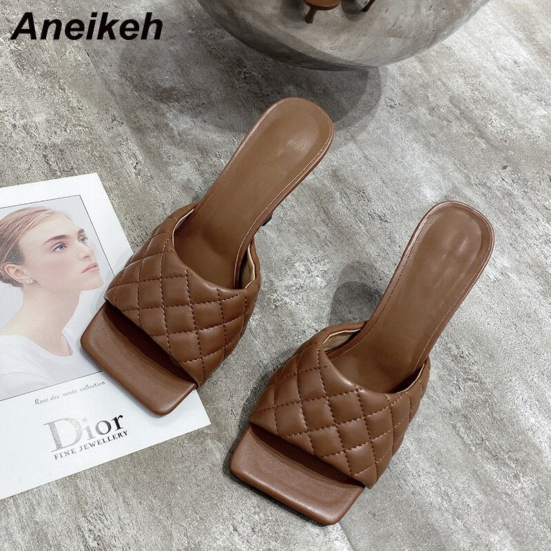 Aneikeh NEW Sexy PU Diamond Square Head Peep Toe Thin High Heels Slippers Summer Fashion Slip On Slides Women Mules Party Shoes  casual slippers