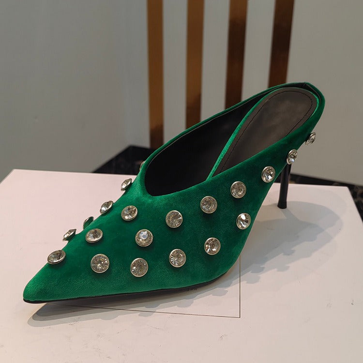 Women Crystal Embellished Mules Sexy Pointed-toe Stiletto Heels Pumps Female Slip-on Slides Ladies  casual slippers