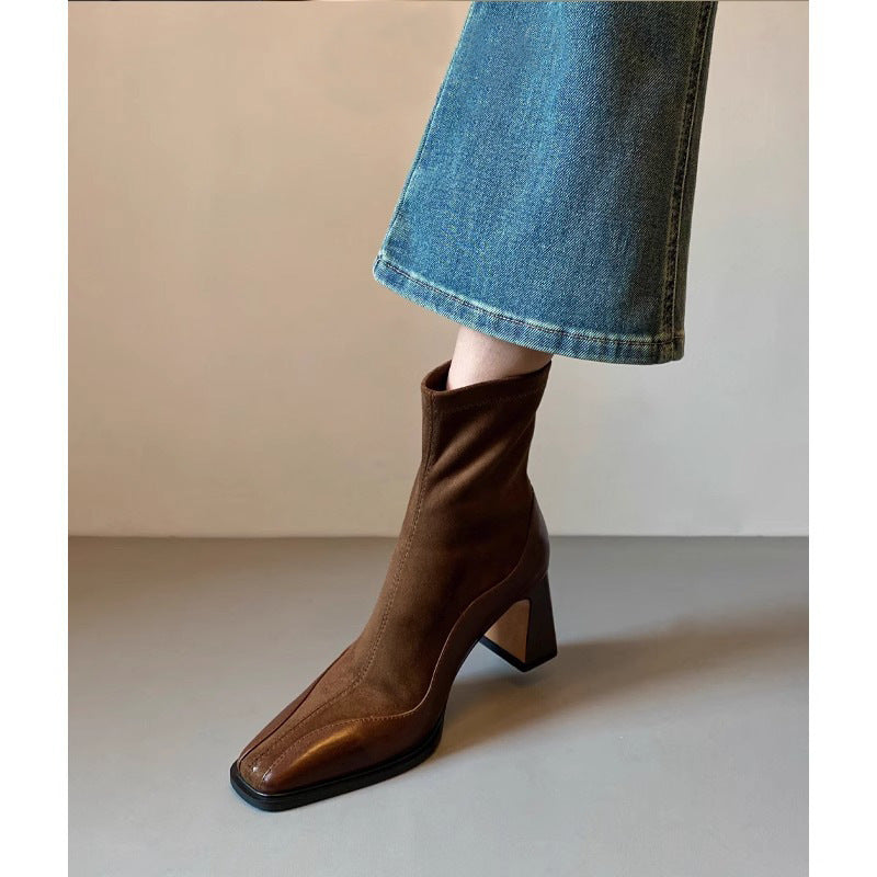Retro New Chunky Heel High Heel Short Boots Women  Boots
