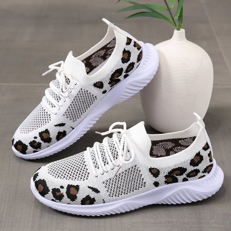 White Shoes Women Leopard Print Lace-up Sneakers Sports  Sneakers