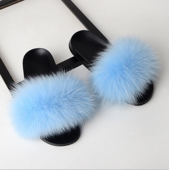 Women Flat Non-slip Solid Fox Fur Slides Real Fox hair Slides Large Size Slippers  casual slippers