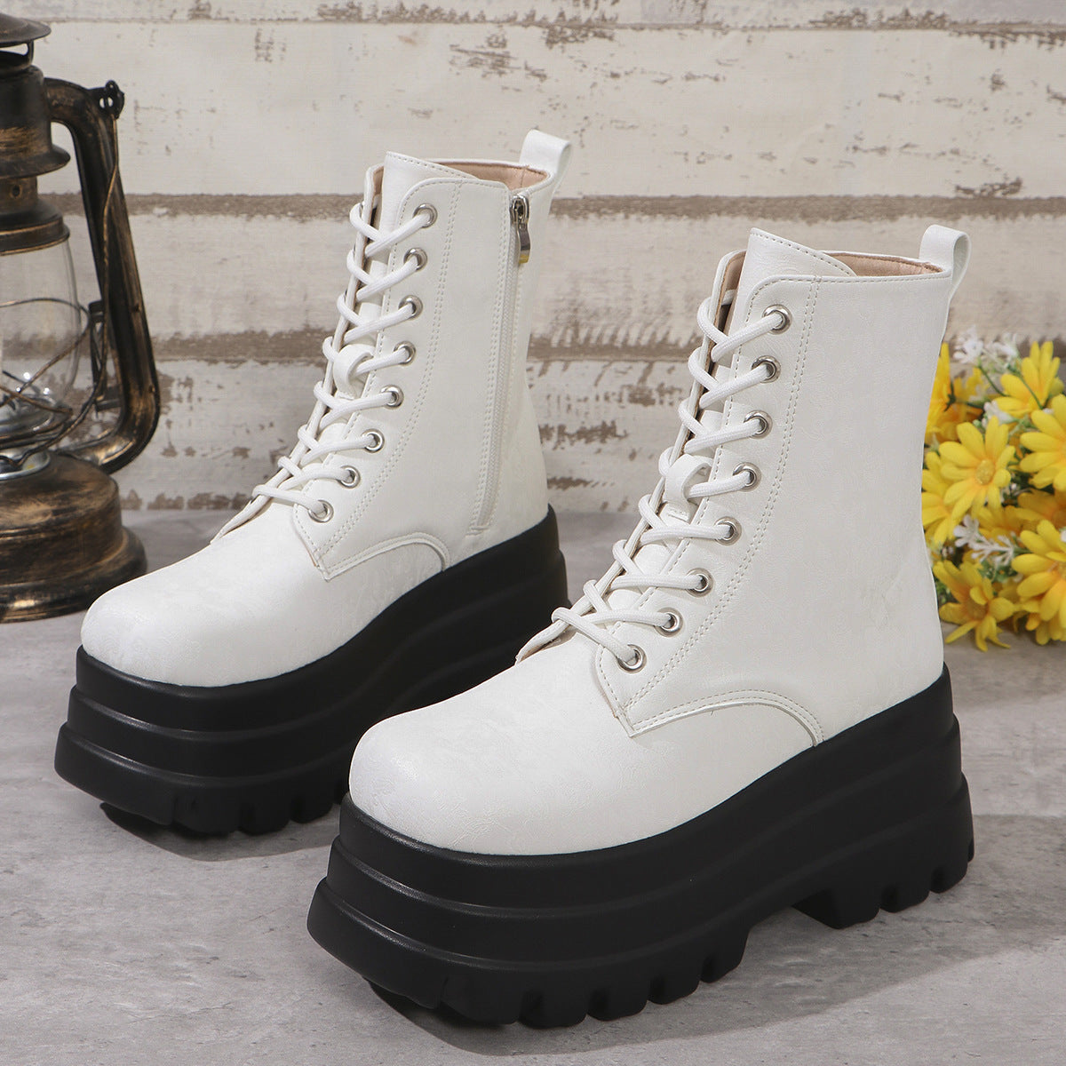 Women's Three-layer Platform Plus Round Toe Patchwork Retro Cool Martin Boots  Boots
