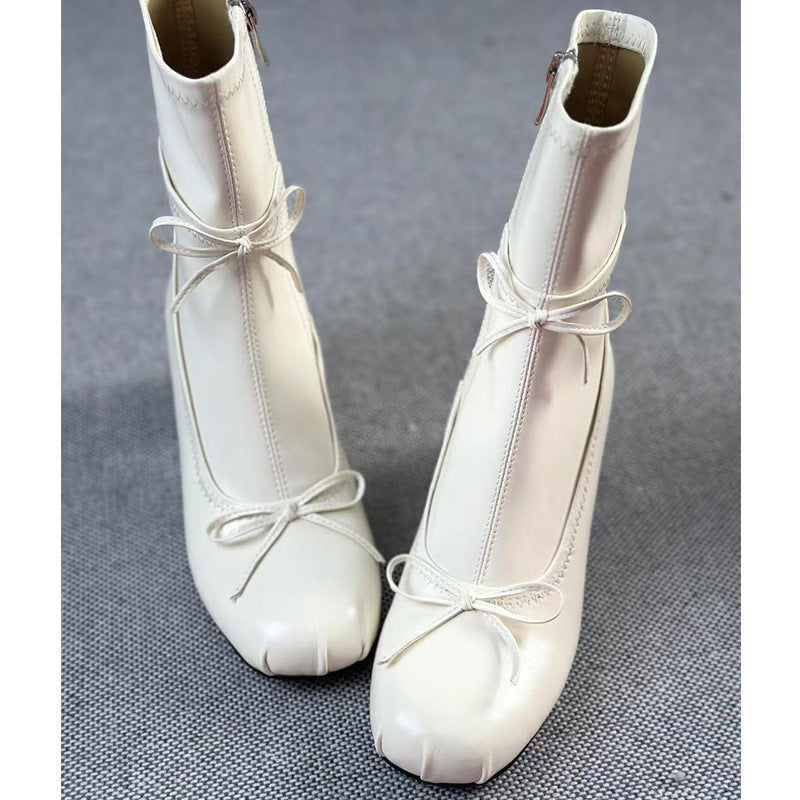 Ballet Style White High-heeled Round Head Thin Booties  Boots
