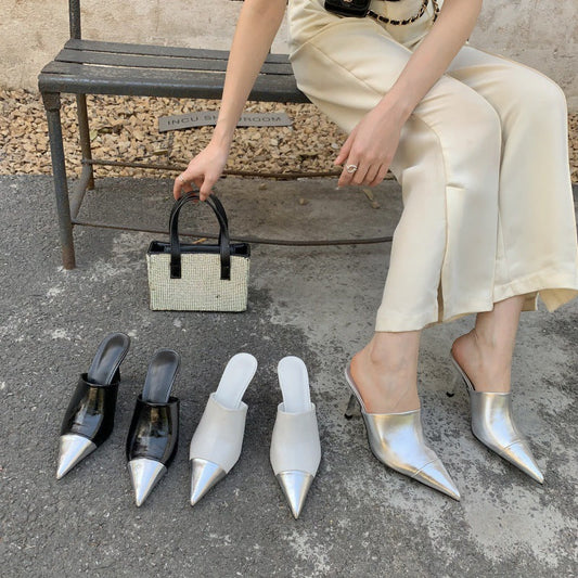 Fashion Silver Women Slippers Thin Low Heels Pointed Toe Design Slip On Summer Mules Slides Shoes  casual slippers