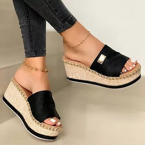 Puimentiua Platform Wedges Slippers Women Sandals New Female Shoes Fashion Heeled Shoes Casual Summer Slides Slippers Women  casual slippers
