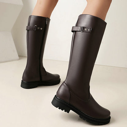 Womens Retro British-Style Leather Belt-Buckle Riding Boots 
