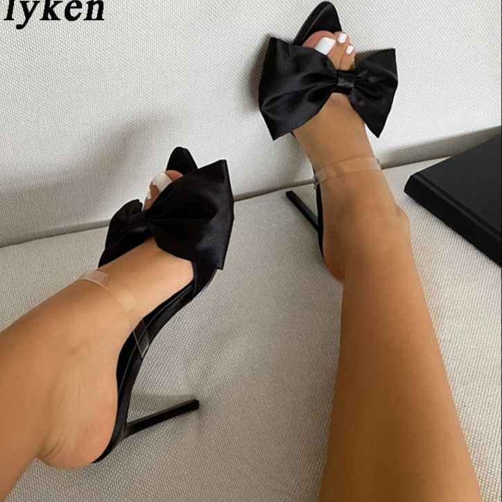 New Fashion Bowknot Women's Slippers Pointed Toe Thin High Heels Summer Elegant Dress Party Ladies Slides Pumps Shoes  casual slippers