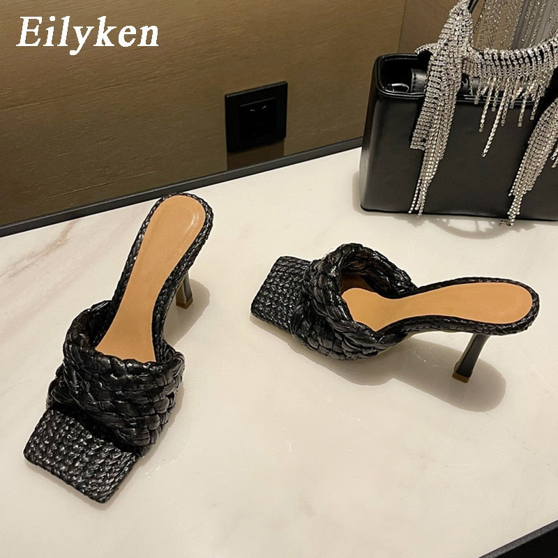 Eilyken New Summer Design Weave Square Toe Heels High Quality Slippers Gladiator Beach Womens Sandal Slides Shoes  casual slippers