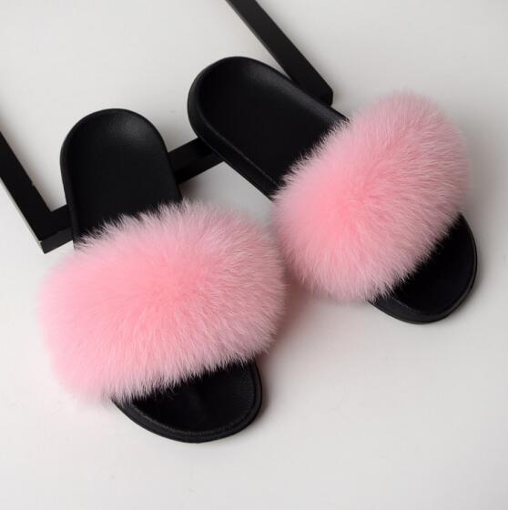 Women Flat Non-slip Solid Fox Fur Slides Real Fox hair Slides Large Size Slippers  casual slippers