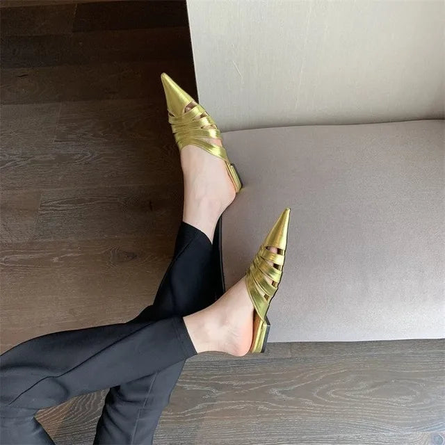 Pointed Toe Women Slides Slippers Black Gold Silver White Casual Outside Flat Slippers Hollow Dress Shoes Summer Slip On Pumps  casual slippers
