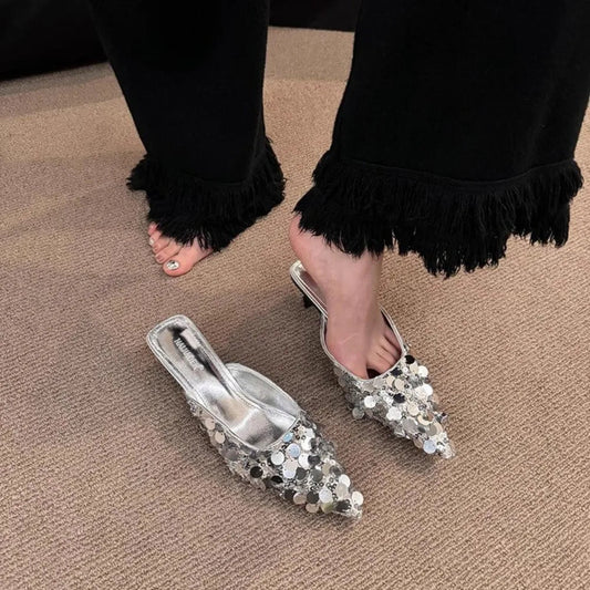Thin Heel Bling Sexy Women Slippers Mules Shoes Dress Party Sandals Summer Flip Flops Casual Walking Mujer Zapatos Slides  casual slippers
