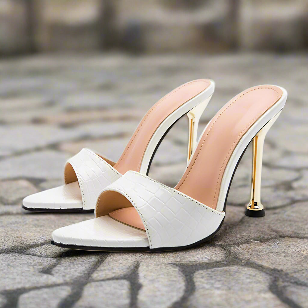 Eilyken Summer New Women Slippers Snake Print Mule High Heels Shoes Sandals Sexy Pointed Toe Metal Heel Slides Party Dress Shoes  casual slippers
