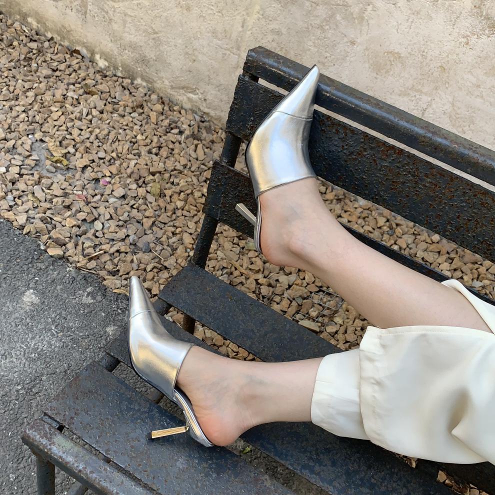 Fashion Silver Women Slippers Thin Low Heels Pointed Toe Design Slip On Summer Mules Slides Shoes  casual slippers