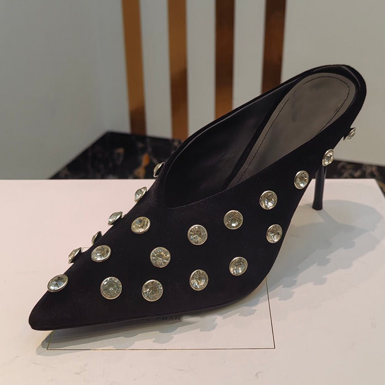 Women Crystal Embellished Mules Sexy Pointed-toe Stiletto Heels Pumps Female Slip-on Slides Ladies  casual slippers
