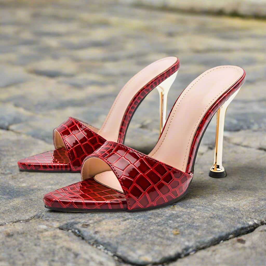 Eilyken Summer New Women Slippers Snake Print Mule High Heels Shoes Sandals Sexy Pointed Toe Metal Heel Slides Party Dress Shoes  casual slippers