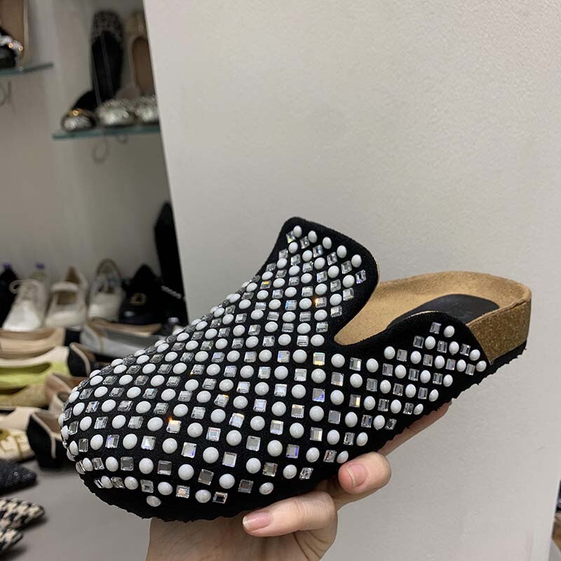 Mules Slippers Women Casual Summer Slides Rhinestones Female Shoes Ladies Outside Round Toe Flats  casual slippers
