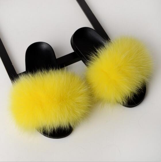 Women Flat Non-slip Solid Fox Fur Slides Real Fox hair Slides Large Size Slippers  casual slippers