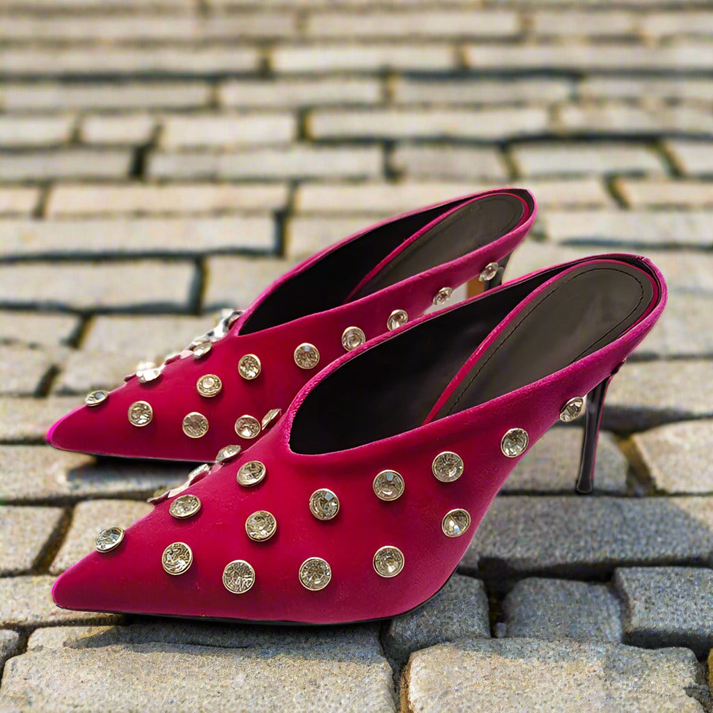 Women Crystal Embellished Mules Sexy Pointed-toe Stiletto Heels Pumps Female Slip-on Slides Ladies  casual slippers