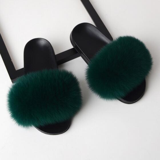 Women Flat Non-slip Solid Fox Fur Slides Real Fox hair Slides Large Size Slippers  casual slippers