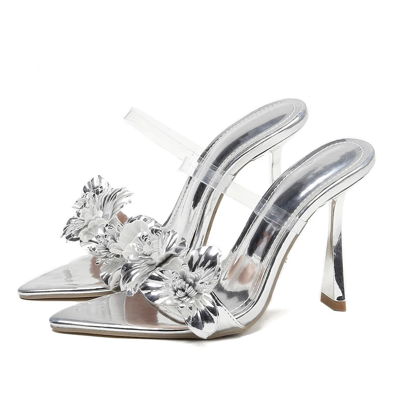 Eilyken Summer PVC Transparent Flower Sexy Pointed Toes Thin Heels Slippers Woman Dress Party Mules Slides Shoes Zapatos De Muje  casual slippers