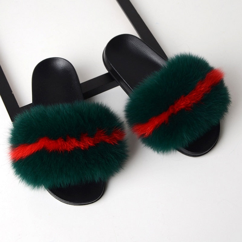 Women Flat Non-slip Solid Fox Fur Slides Real Fox hair Slides Large Size Slippers  casual slippers