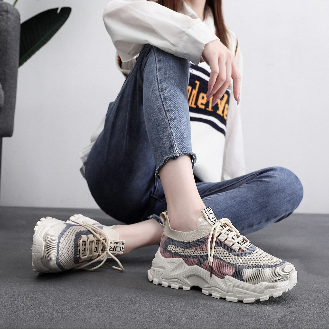 Flyknit shoes breathable and comfortable thick soled shoes dad shoes women's sports shoes  walking shoes