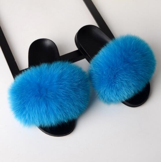 Women Flat Non-slip Solid Fox Fur Slides Real Fox hair Slides Large Size Slippers  casual slippers