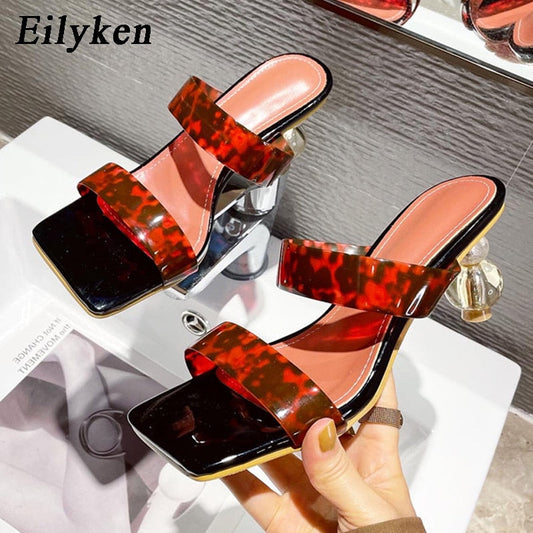 Summer Square Toe Ladies Slippers PVC Transparent Crystal Strange Style Clear Heel Women Leopard Grain Slides  casual slippers