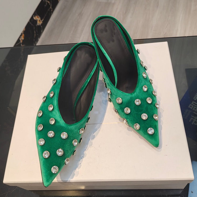 Women Crystal Embellished Mules Sexy Pointed-toe Stiletto Heels Pumps Female Slip-on Slides Ladies  casual slippers