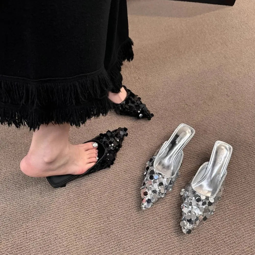 Thin Heel Bling Sexy Women Slippers Mules Shoes Dress Party Sandals Summer Flip Flops Casual Walking Mujer Zapatos Slides  casual slippers