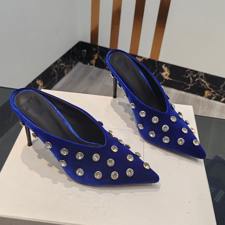 Women Crystal Embellished Mules Sexy Pointed-toe Stiletto Heels Pumps Female Slip-on Slides Ladies  casual slippers