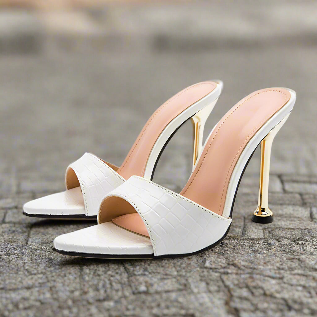 Eilyken Summer New Women Slippers Snake Print Mule High Heels Shoes Sandals Sexy Pointed Toe Metal Heel Slides Party Dress Shoes  casual slippers