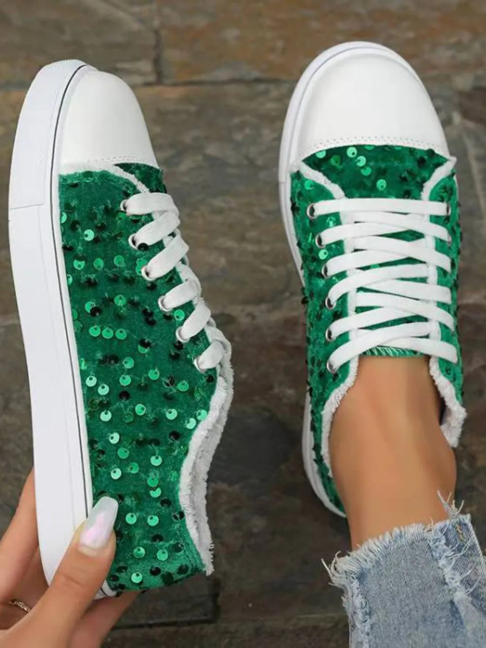 Sequin Round Toe Flat Sneakers  Sneakers