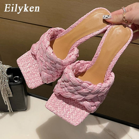 Eilyken New Summer Design Weave Square Toe Heels High Quality Slippers Gladiator Beach Womens Sandal Slides Shoes  casual slippers