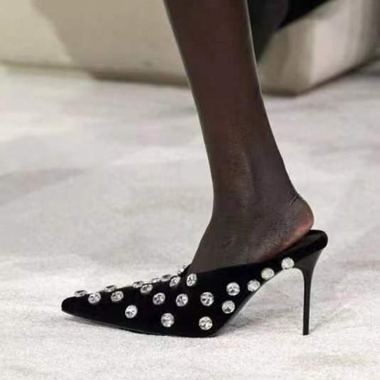 Women Crystal Embellished Mules Sexy Pointed-toe Stiletto Heels Pumps Female Slip-on Slides Ladies  casual slippers