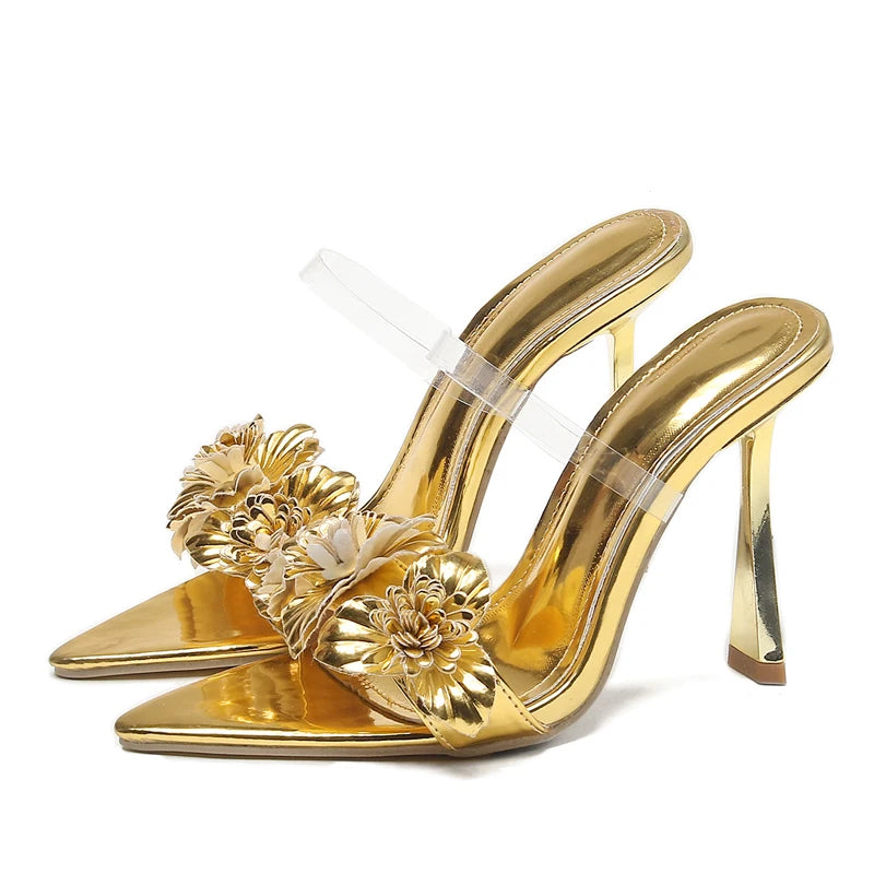 Eilyken Summer PVC Transparent Flower Sexy Pointed Toes Thin Heels Slippers Woman Dress Party Mules Slides Shoes Zapatos De Muje  casual slippers