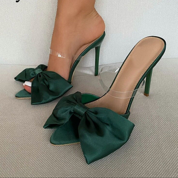 New Fashion Bowknot Women's Slippers Pointed Toe Thin High Heels Summer Elegant Dress Party Ladies Slides Pumps Shoes  casual slippers