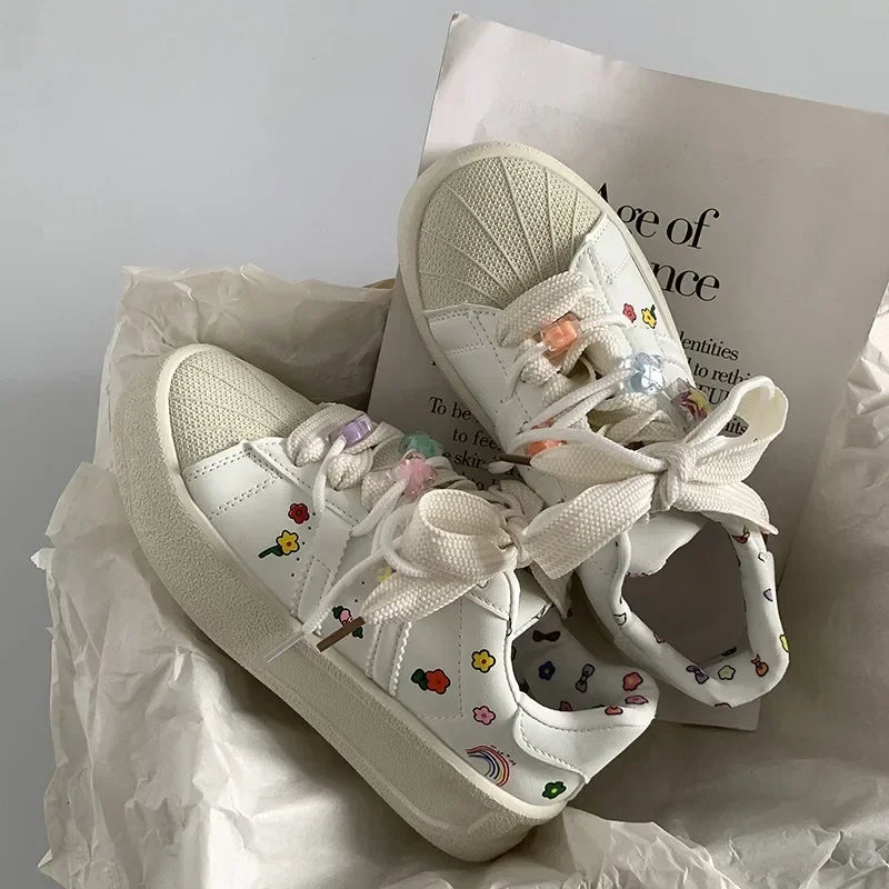 Spring Sports Running White Chunky Sneakers Women Shoes Platform Loafers Lace Up Flats Trend Spring Casual  Vulcanized Shoes  Sneakers