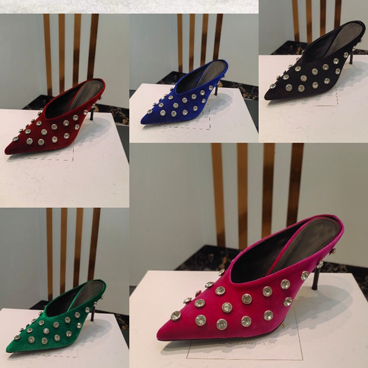 Women Crystal Embellished Mules Sexy Pointed-toe Stiletto Heels Pumps Female Slip-on Slides Ladies  casual slippers