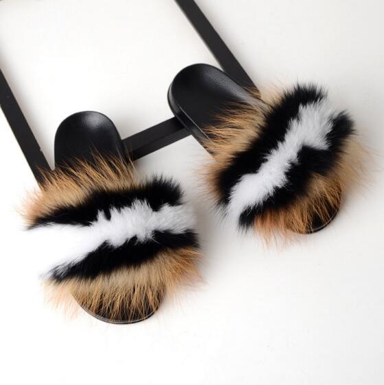 Women Flat Non-slip Solid Fox Fur Slides Real Fox hair Slides Large Size Slippers  casual slippers