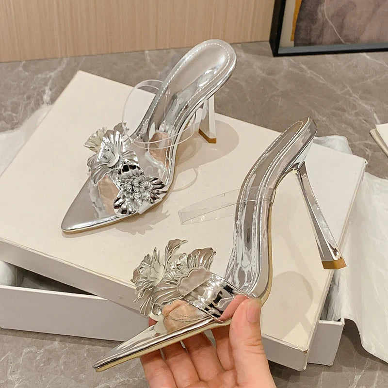 Eilyken Summer PVC Transparent Flower Sexy Pointed Toes Thin Heels Slippers Woman Dress Party Mules Slides Shoes Zapatos De Muje  casual slippers