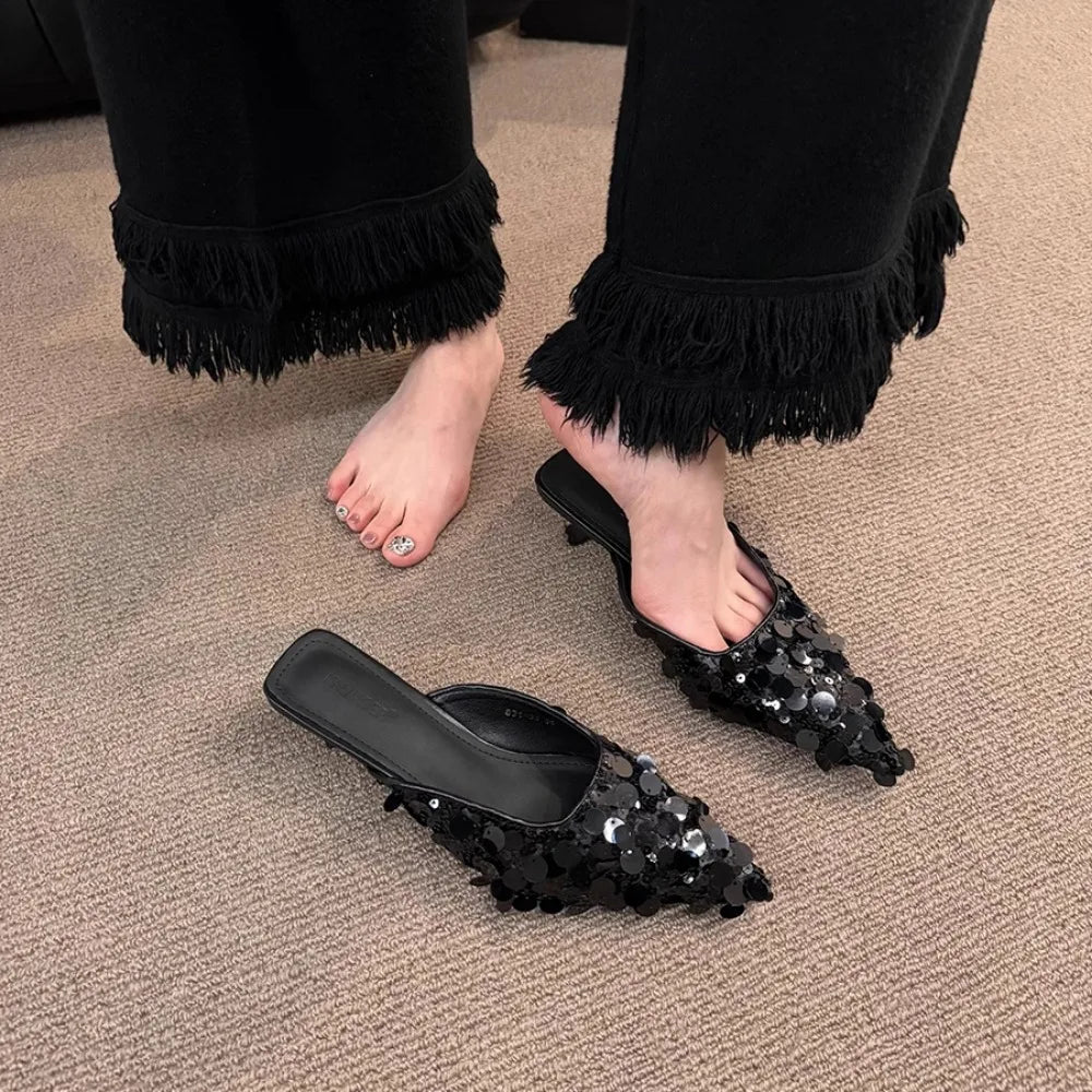 Thin Heel Bling Sexy Women Slippers Mules Shoes Dress Party Sandals Summer Flip Flops Casual Walking Mujer Zapatos Slides  casual slippers